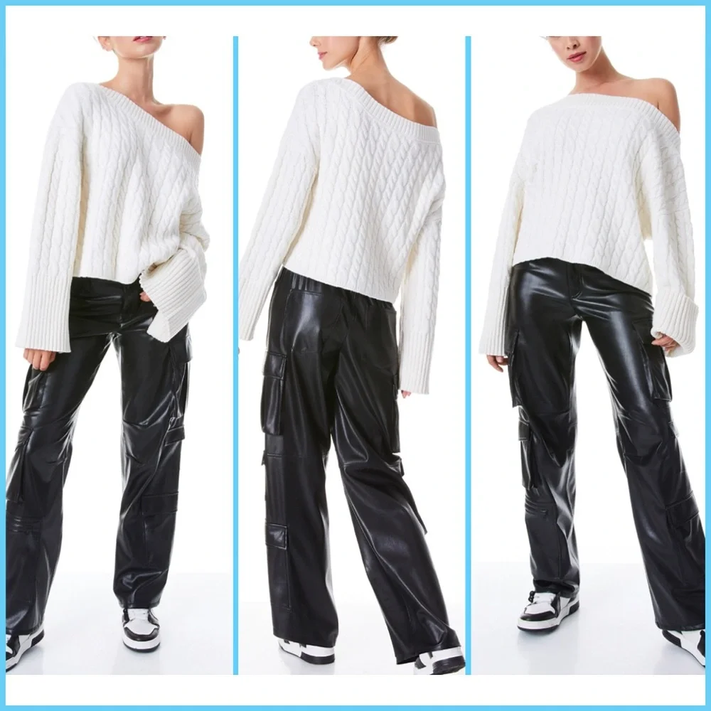 Alice + Olivia Ina Off White Wool Blend Cable Knit Pullover Sweater